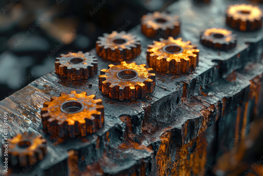 Poster Rusty gears arranged on a weathered surface, showcasing intricate details and a sense of age and industry.