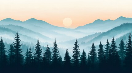 Obraz premium Serene sunset over misty mountain range, showcasing a dense evergreen forest in the foreground