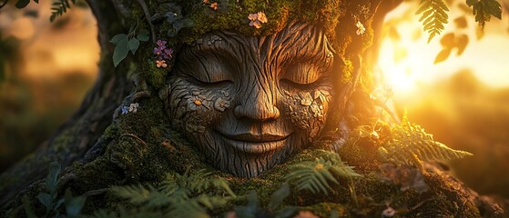 Serene tree spirit face, nestled in moss and flora, bathed in warm sunset light. Peaceful, mystical scene