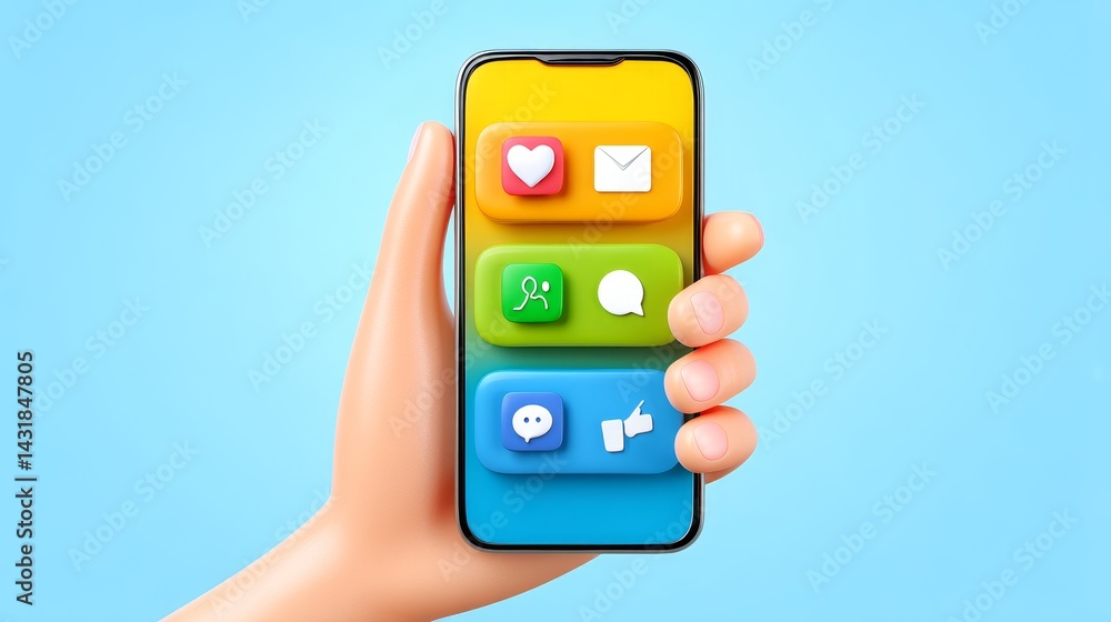 Poster hand holding smartphone with colorful notification icons - a hand holds a smartphone displaying colo