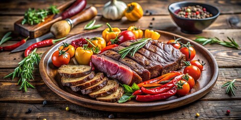 Rustic Still Life: Sliced Meat with Roasted Vegetables, Documentary Photography Style