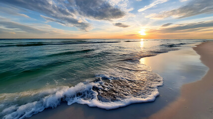 A serene and wide white sand beach with a calm sea stretching into an infinite horizon under a soft golden sunset light.