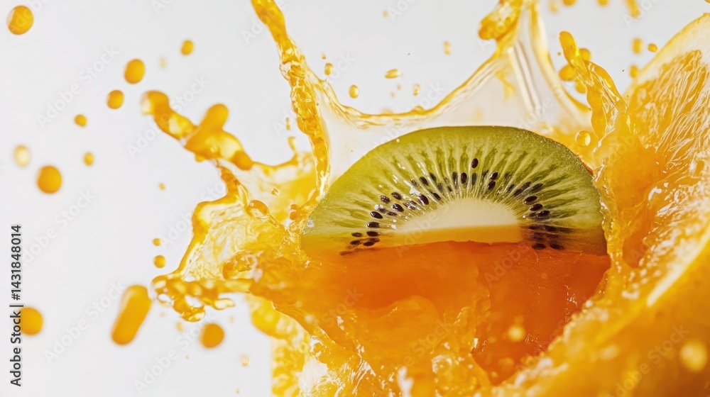 Poster isolated kiwi and orange slices with a refreshing water splash on white.