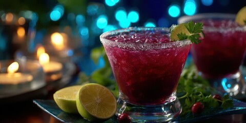 Refreshing cocktails with vibrant colors served at a lively gathering in the evening