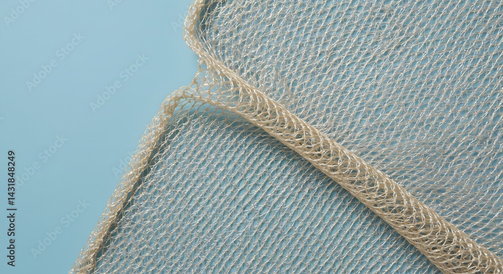 Poster abstract beige netting background on light blue: delicate mesh texture, woven pattern, modern design