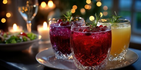 Festive gathering with colorful drinks and delicious food amid soft candlelight and warm ambiance