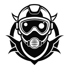 Black and White Portrait of a Masked Figure with Protective Gear and Tribal Ornamentation