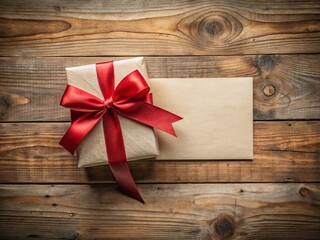 Fototapeta premium Rustic Wooden Background with Red Ribbon Bow and Blank White Card - Drone Aerial View