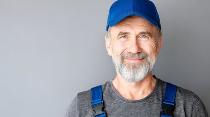 Happy Handyman in Blue Cap - A smiling, middle-aged handyman with a beard wearing a blue cap and work overalls. Concepts: skill, reliability, service, professionalism, trust