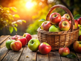 Rustic Wooden Basket Filled with Red and Green Apples - Fresh Fruit Harvest