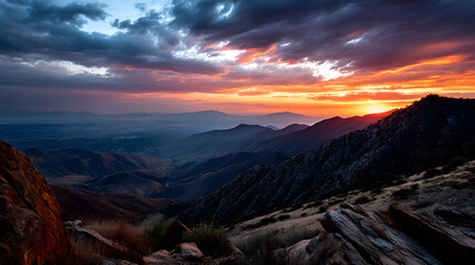 Naklejka premium A serene orange sunset over a rugged mountain range, with dramatic skies and valleys below, creating a peaceful atmosphere.
