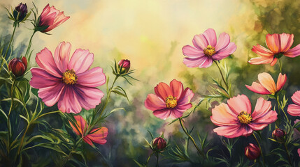 Elegant wedding invitation card background . Minimal hand painted watercolor Cosmos flowers texture template background. Design for wedding, vip cover, poster, rsvp moderncard.Valentine's Day