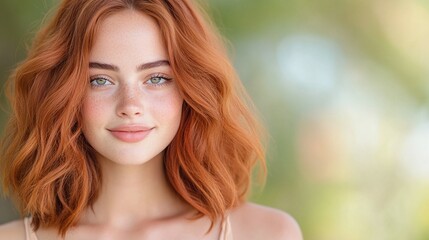 Naklejka premium Smiling redhead woman with shoulder-length hair and clear glowing skin in outdoor natural light, beauty portrait with soft expression and green blurred background