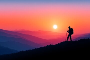 Hiker Silhouette Sunset Mountain Landscape - A lone hiker silhouetted against a vibrant sunset, symbolizing adventure, freedom, exploration, perseverance