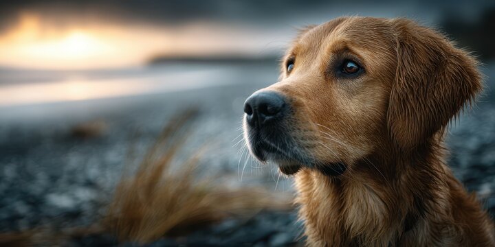 Beautiful golden retriever looking out over a tranquil beach at sunset in a serene coastal environment