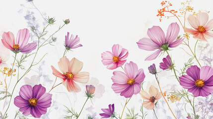 Elegant wedding invitation card background . Minimal hand painted watercolor Cosmos flowers texture template background. Design for wedding, vip cover, poster, rsvp moderncard.Valentine's Day