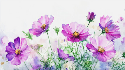 Obraz premium Elegant wedding invitation card background . Minimal hand painted watercolor Cosmos flowers texture template background. Design for wedding, vip cover, poster, rsvp moderncard.Valentine's Day