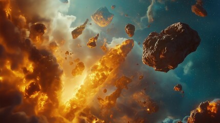 Asteroids crashing into Earth with fiery explosions.