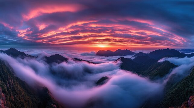 Sunrise over misty mountain peaks; panoramic view, travel poster