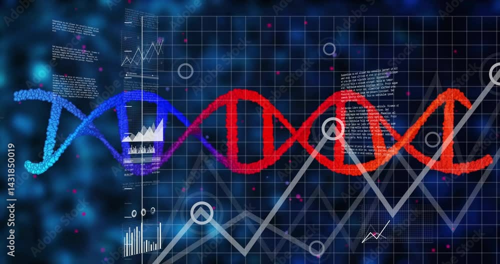 Poster stylized dna helix sliding horizontally, showing floating graphs, grid plots and glowing particles