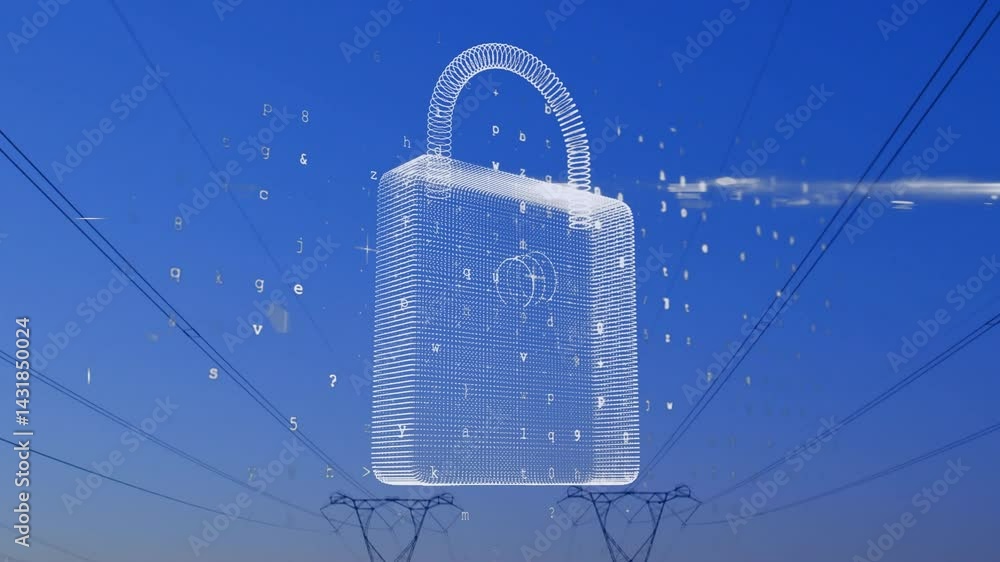 Poster wireframe padlock icon floating in 3d over transmission towers at dusk, radiating data encryption