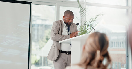 Presentation, podium and man with business people for conference, training and meeting. Corporate...