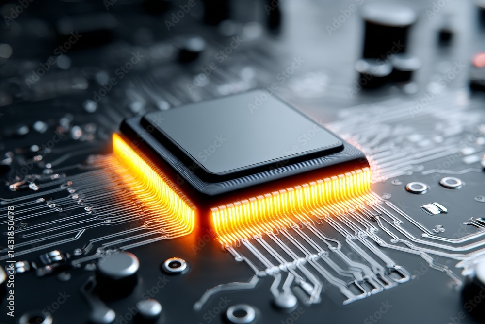 Poster illuminated microchip technology - close-up of a glowing microprocessor on a circuit board, showcasi