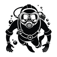 Scuba Diver Silhouette Black and White with Bubbles, Gear, and Full Suit