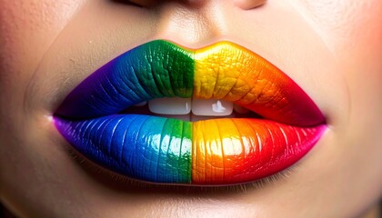 Close-up of lips wearing rich rainbow lipstick
