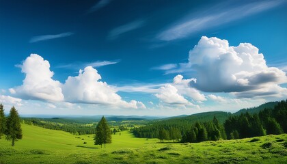 Obraz premium softly white fluffy clouds float in the pale blue sky above a serene green landscape with trees and hills white clouds