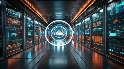Futuristic server room, glowing displays, futuristic hallway - Powered by Adobe