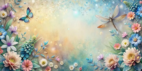 Scrapbook Style Floral Space with Dragonflies - 3D Gradient Blue Silver White Background