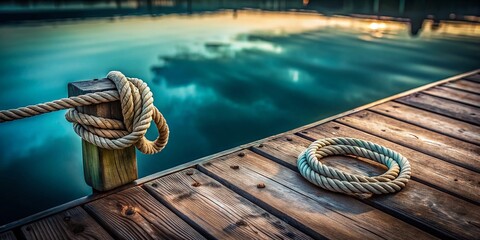 Obraz premium Secure Boat Rope Tied to Wooden Dock Cleat Reflecting in Dark Water - Minimalist Stock Photo
