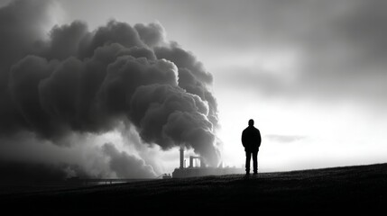 Man Contemplating Industrial Pollution - A solitary figure observes a massive plume of smoke billowing from an industrial plant, symbolizing environmental impact, human contemplation