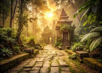 Sepia-toned Ancient Stone Path Leading to a Jungle-Overgrown Temple - Surreal Stock Photo