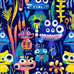 Naklejka premium Vibrant World of Whimsical Cartoon Monsters: A Colorful Underwater Fantasy