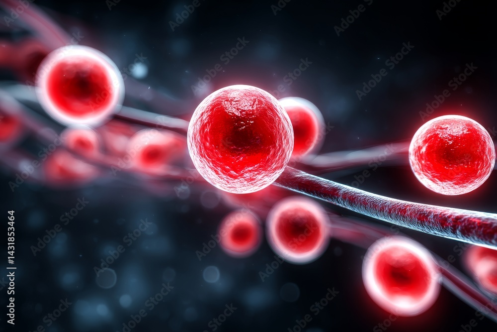 Poster microscopic cellular network - close-up view of red cells connected by thin fibers, illustrating a c