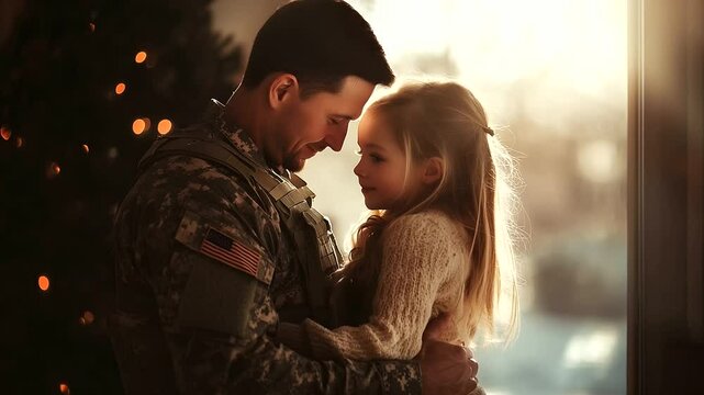 A soldier steps through the door and into the arms of his daughter, who is filled with excitement and joy. Their reunion is filled with warmth, love, and the happiness of a father