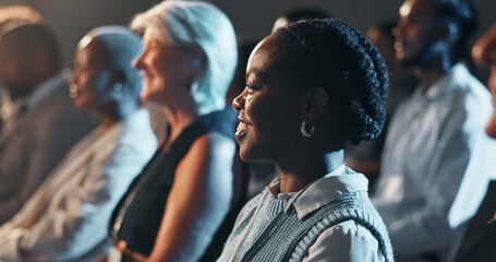 Business people, audience and woman with smile at conference for finance training, listening and information. Financial expo, group and happy at international event for career development or workshop