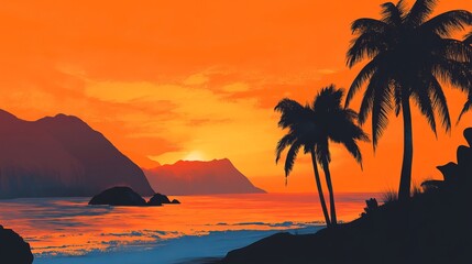 Stunning Orange Sunset Tropical Beach Scene Palm Trees Silhouette Mountains Ocean Waves Peaceful Summer Vacation Paradise Island Idyllic Coastal Landscape Vibrant Colors Warm Light Dramatic Sky       