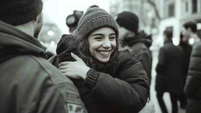 A soldier&rsquo;s daughter wraps her arms around his neck in an emotional, joyous hug as he returns home. Their smiles and laughter reflect the pure love shared in this long-awaited fami