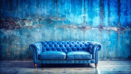 Serene Blue Living Room: Double Exposure of Couch and Aged Walls