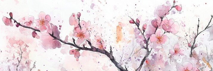 Plum trees in bloom captured in a contemporary expressive style with watercolor and ink details revealing a vibrant botanical illustration