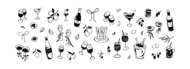 Set of bar alcohol beverage and drinks menu design elements in girly coquette style. Wedding, birthday, bachelorette party, Christmas celebration doodle drawing. Cocktail, champagne, wine glass sketch