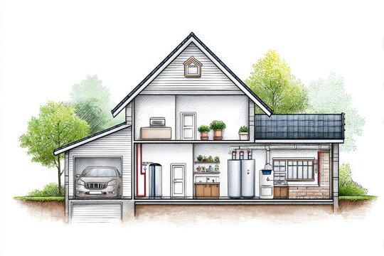Modern House Design with Efficient Heat Pump System - Eco-friendly home showcasing energy efficiency, sustainable living, technological integration, comfortable living, and modern architecture - Powered by Adobe