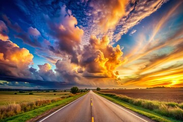 Naklejka premium Serene Country Road at Sunset: Peaceful Landscape Photography