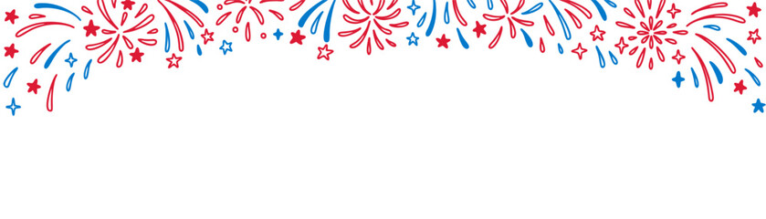 4th Of July cute line doodle firework background. Hand drawn vector illustration in red and blue colors of American and French national flag. Independence Day of USA, Bastile day, Labor day poster © Kseniia