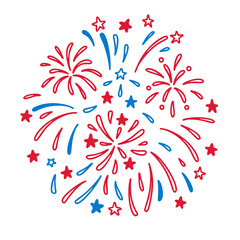 America Independence Day fourth of July patriotic firework background. 4th of July USA National holiday celebration firecracker. Hand drawn cute line doodle vector illustration. Blue and red colors