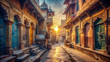 Obraz premium Serene Dawn: Old Indian Street, Golden Hour, Tranquil Atmosphere