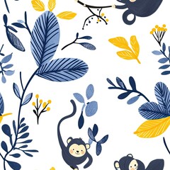 Adorable Monkeys Swinging Through Vibrant Blue and Yellow Jungle Leaves: A Delightful Childrens Illustration